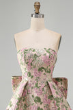 Sweetheart Pink Flower A-Line Jacquard Pearl Cocktail Dress with Bow