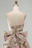 Sweetheart Pink Flower A-Line Jacquard Pearl Cocktail Dress with Bow