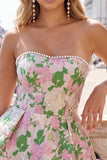 Sweetheart Pink Flower A-Line Jacquard Pearl Cocktail Dress with Bow