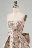 Sweetheart Pink Flower A-Line Jacquard Pearl Cocktail Dress with Bow