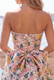Sweetheart Pink Flower A-Line Jacquard Pearl Cocktail Dress with Bow