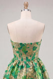 Green Sweetheart A-Line Corset Jacquard Homecoming Dress with Ruffles