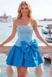 Fuchsia and Red Strapless Beaded A-Line Short Homecoming Dress with Bow