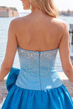 Fuchsia and Red Strapless Beaded A-Line Short Homecoming Dress with Bow