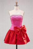 Fuchsia and Red Strapless Beaded A-Line Short Homecoming Dress with Bow
