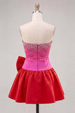 Fuchsia and Red Strapless Beaded A-Line Short Homecoming Dress with Bow