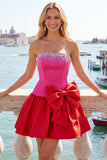 Fuchsia and Red Strapless Beaded A-Line Short Homecoming Dress with Bow