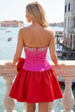 Fuchsia and Red Strapless Beaded A-Line Short Homecoming Dress with Bow