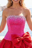 Fuchsia and Red Strapless Beaded A-Line Short Homecoming Dress with Bow