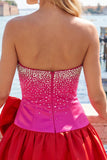 Fuchsia and Red Strapless Beaded A-Line Short Homecoming Dress with Bow