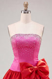 Fuchsia and Red Strapless Beaded A-Line Short Homecoming Dress with Bow