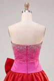Fuchsia and Red Strapless Beaded A-Line Short Homecoming Dress with Bow