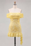 Off the Shoulder Yellow Floral Tight Homecoming Dress with Ruffles