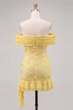 Off the Shoulder Yellow Floral Tight Homecoming Dress with Ruffles