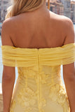 Off the Shoulder Yellow Floral Tight Homecoming Dress with Ruffles
