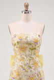 Yellow Strapless Bodycon Floral Sequins Homecoming Dress with Bow