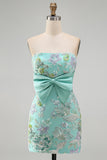 Pink Bodycon Strapless Floral Sequins Lace Up Back Homecoming Dress with Bow
