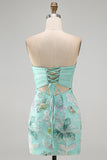 Pink Bodycon Strapless Floral Sequins Lace Up Back Homecoming Dress with Bow