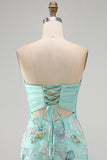 Pink Bodycon Strapless Floral Sequins Lace Up Back Homecoming Dress with Bow