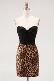 Black and Leopard Bodycon Sweetheart Short Homecoming Dress