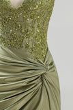 Army Green Halter Neck Ruched Floral Satin Bodycon Beaded Homecoming Dress