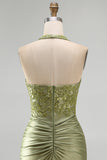 Army Green Halter Neck Ruched Floral Satin Bodycon Beaded Homecoming Dress