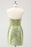 Army Green Halter Neck Ruched Floral Satin Bodycon Beaded Homecoming Dress