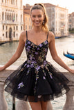 A-Line Black Floral Tiered Spaghetti Straps Birthday Dress with Lace Up Back