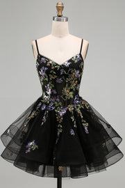 A-Line Black Floral Tiered Spaghetti Straps Birthday Dress with Lace Up Back