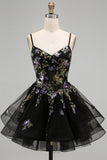 A-Line Black Floral Tiered Spaghetti Straps Birthday Dress with Lace Up Back