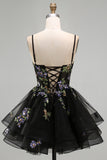 A-Line Black Floral Tiered Spaghetti Straps Birthday Dress with Lace Up Back