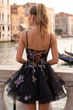 A-Line Black Floral Tiered Spaghetti Straps Birthday Dress with Lace Up Back