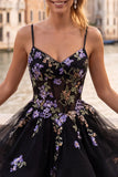A-Line Black Floral Tiered Spaghetti Straps Birthday Dress with Lace Up Back