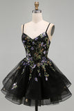 A-Line Black Floral Tiered Spaghetti Straps Birthday Dress with Lace Up Back