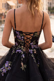 A-Line Black Floral Tiered Spaghetti Straps Birthday Dress with Lace Up Back