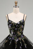 A-Line Black Floral Tiered Spaghetti Straps Birthday Dress with Lace Up Back