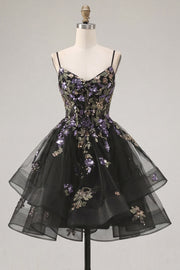 A-Line Black Floral Tiered Spaghetti Straps Organza Homecoming Dress with Lace Up Back