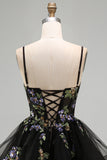 A-Line Black Floral Tiered Spaghetti Straps Birthday Dress with Lace Up Back