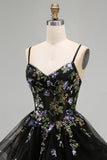 A-Line Black Floral Tiered Spaghetti Straps Birthday Dress with Lace Up Back
