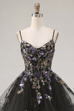 A-Line Black Floral Tiered Spaghetti Straps Organza Homecoming Dress with Lace Up Back