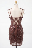 Bodycon Sheer Corset Ruched Sequins Bowed Straps Short Homecoming Dress