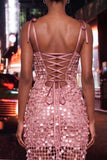 Bodycon Sheer Corset Ruched Sequins Bowed Straps Short Homecoming Dress