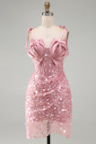 Bodycon Sheer Corset Ruched Sequins Bowed Straps Short Homecoming Dress