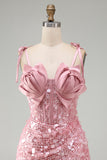 Bodycon Sheer Corset Ruched Sequins Bowed Straps Short Homecoming Dress