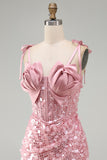 Bodycon Sheer Corset Ruched Sequins Bowed Straps Short Homecoming Dress