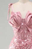 Bodycon Sheer Corset Ruched Sequins Bowed Straps Short Homecoming Dress