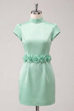 Green High Neck Bodycon Satin Cap Sleeves Homecoming Dress with 3D Flowers
