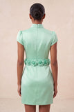 Green High Neck Bodycon Satin Cap Sleeves Homecoming Dress with 3D Flowers
