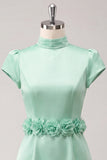 Green High Neck Bodycon Satin Cap Sleeves Homecoming Dress with 3D Flowers