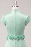 Green High Neck Bodycon Satin Cap Sleeves Homecoming Dress with 3D Flowers